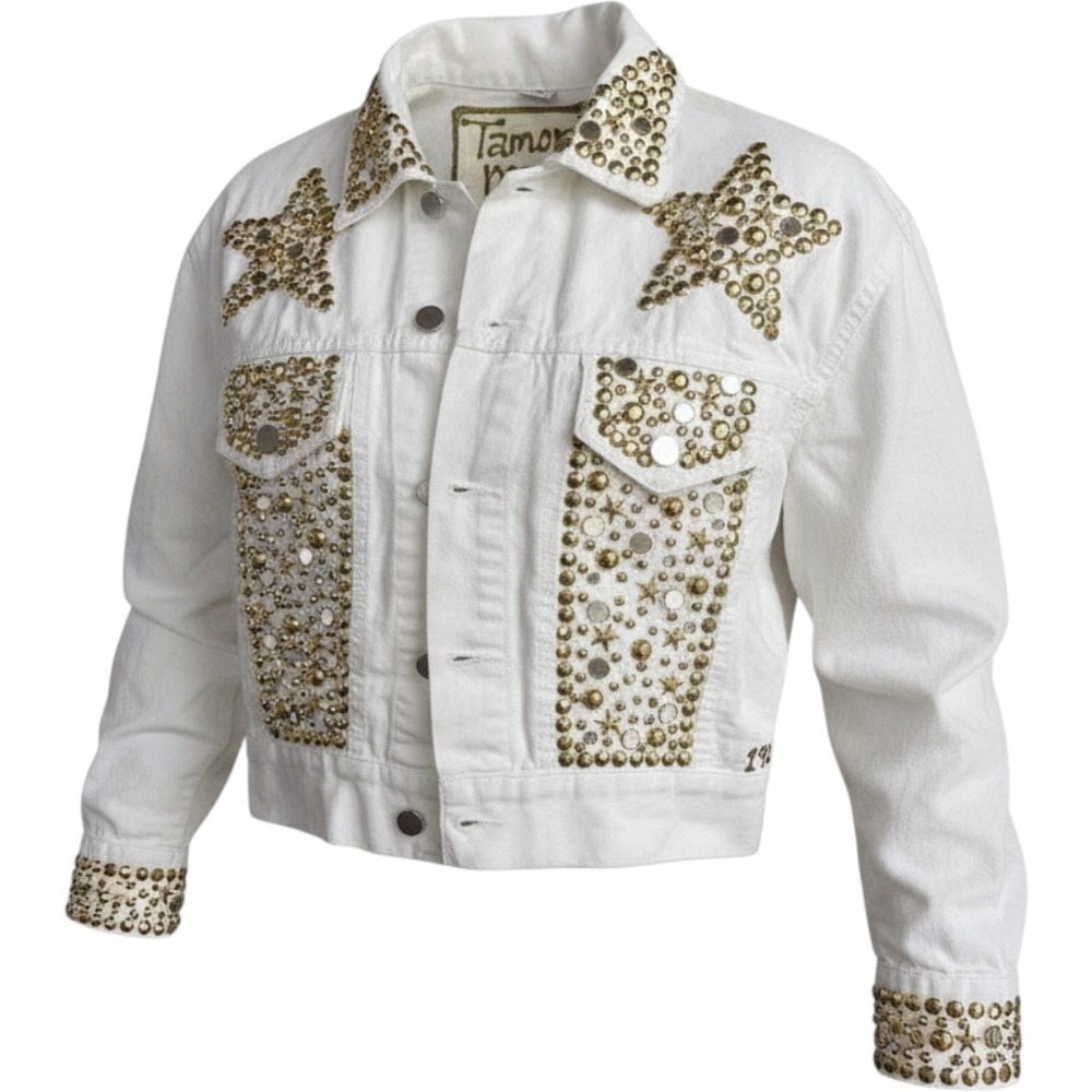 Tamorah Marie Studded Denim Jacket Womens S White Embellished USA 90s Vintage
